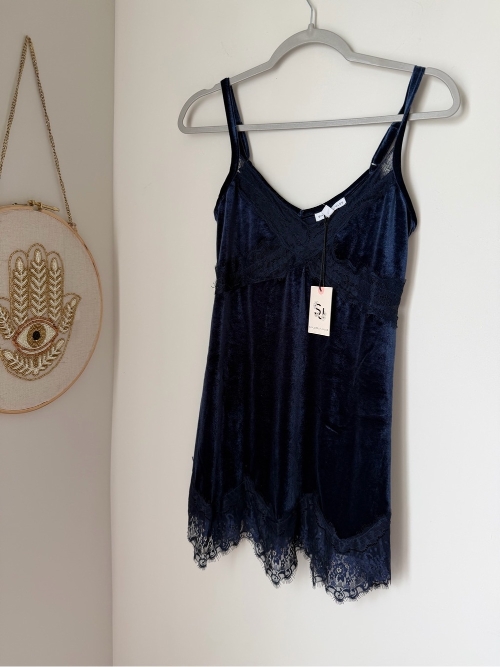 navy blue Velvet Lace spaghetti strap mini Dress